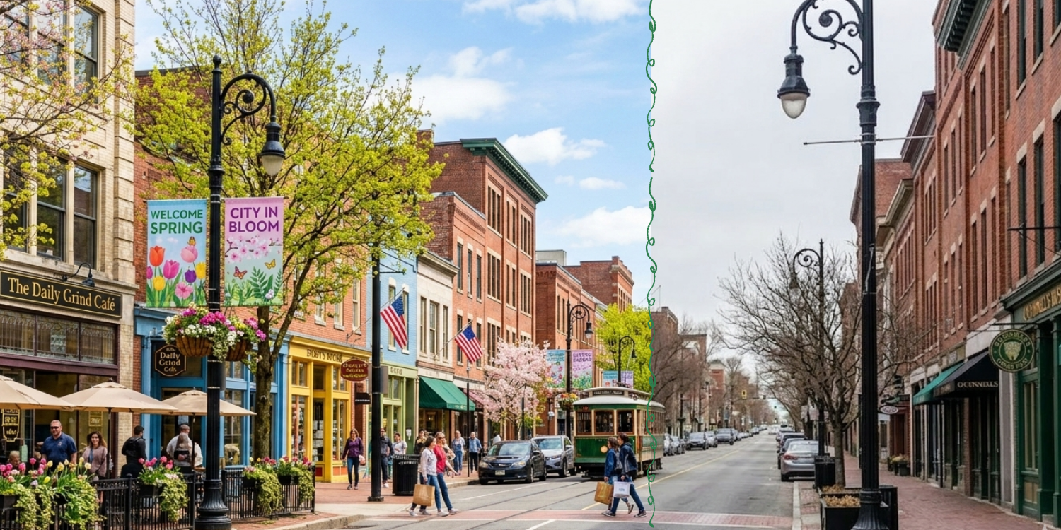 Downtown street comparison with spring pole banners and empty banner brackets