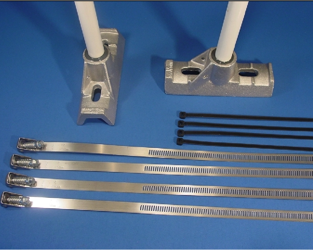 Street pole banner brackets- fixed base with stainless steel banding- Jr Windspill