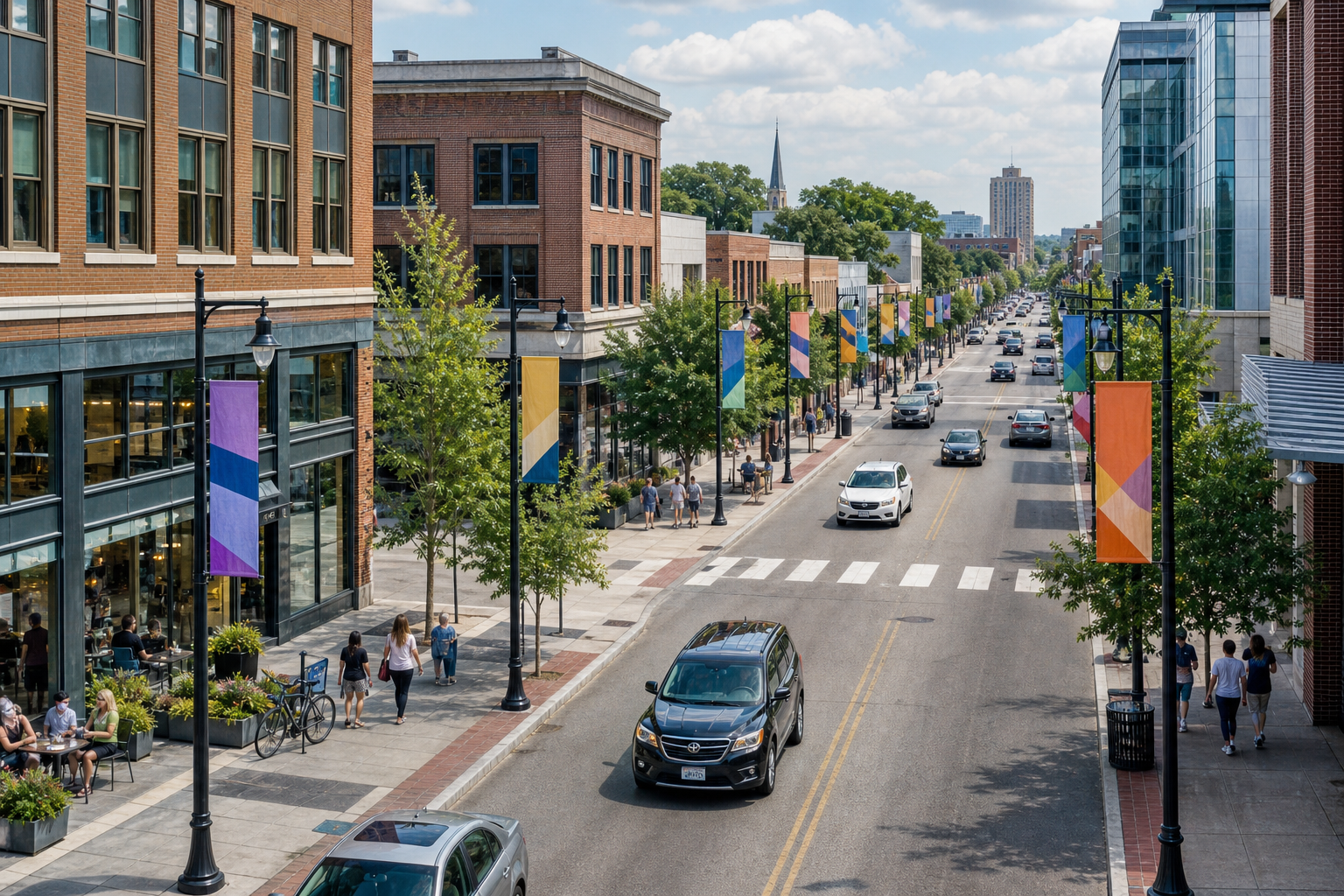 Coordinated street pole banners placed at intervals along a downtown corridor