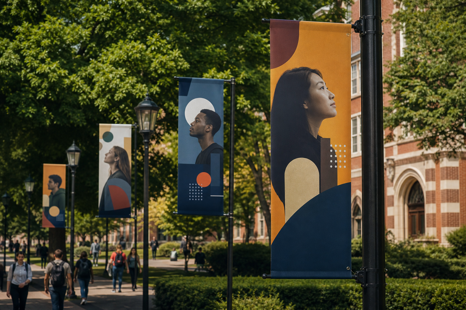 Recognition-style street pole banners displayed along a university campus walkway