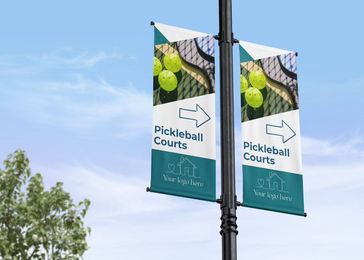 Double Lamp Post banner wayfinding residential development showing the direction of the neighborhood amenities such as pickleball or tennis courts
