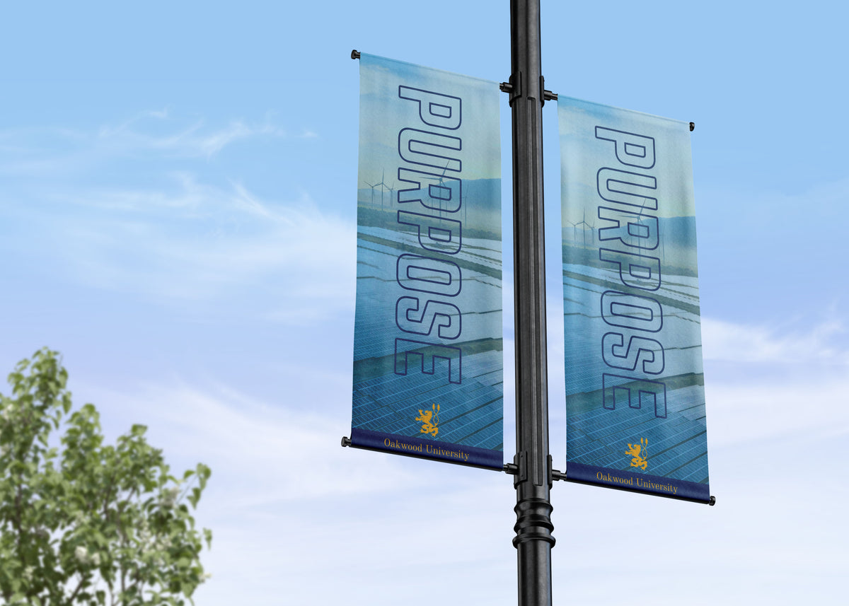 Two blue banners with 'PURPOSE' text on a pole against a clear sky.