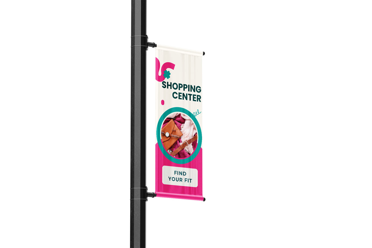 Shopping center banner on a pole with a white background