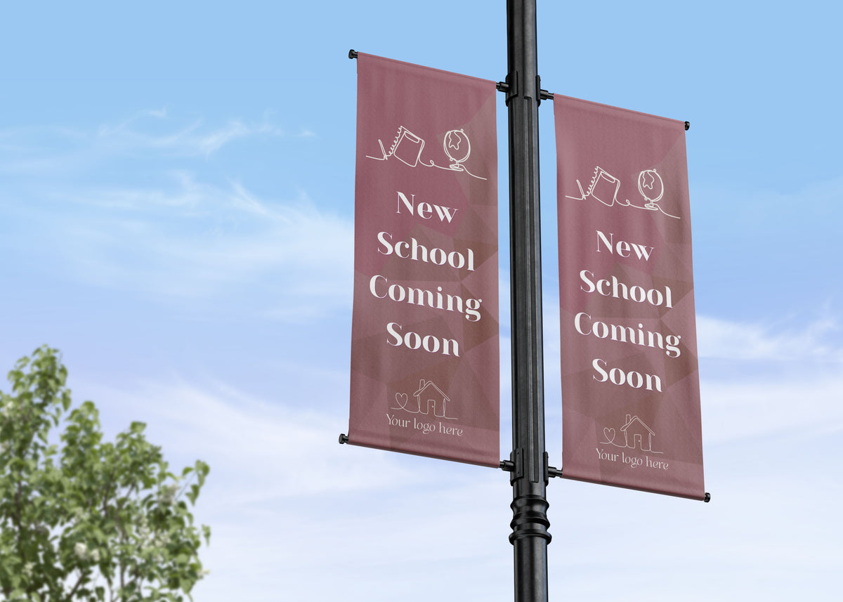 Geometric background with text overlay, neighborhood features double lamp post banner