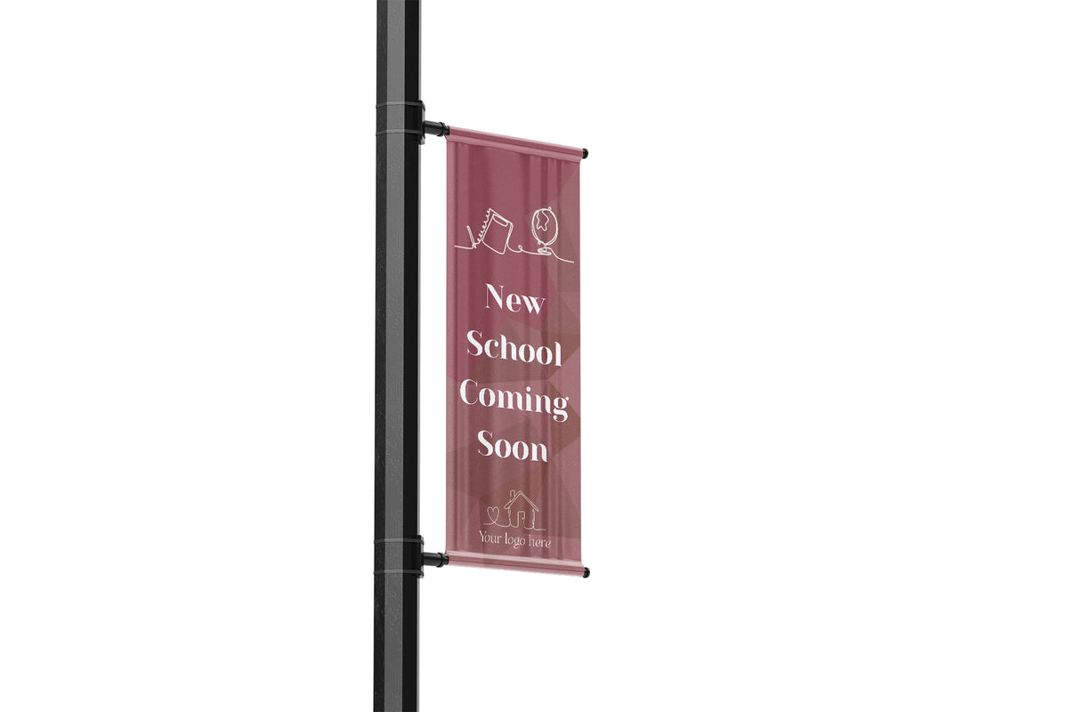 Geometric background with text overlay, neighborhood features single lamp post banner