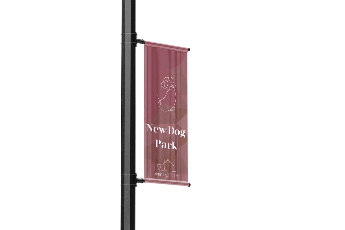 Geometric background with text overlay, neighborhood features single lamp post banner
