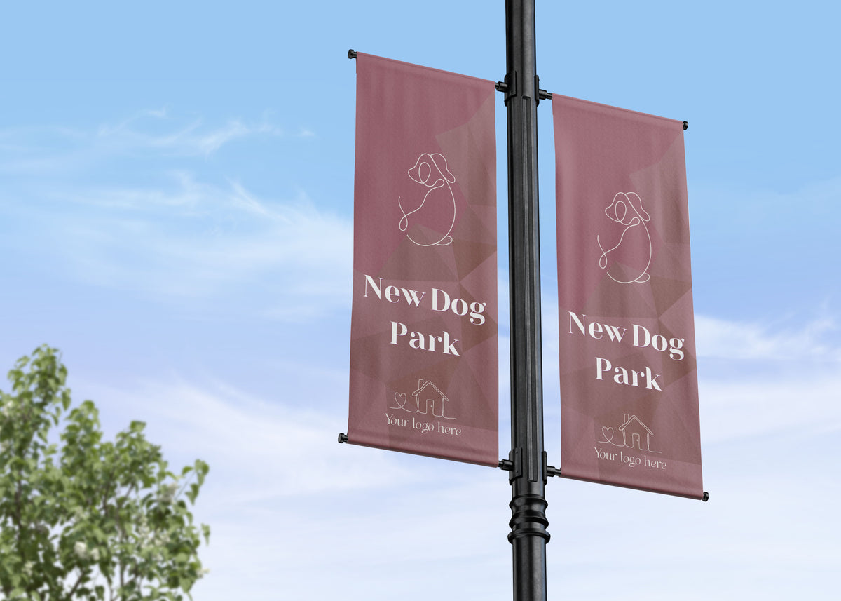 Geometric background with text overlay, neighborhood features single lamp post banner