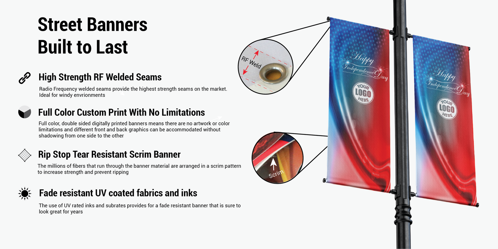 Independence day 4th of July - High quality, full color, vinyl customizable street pole banners 