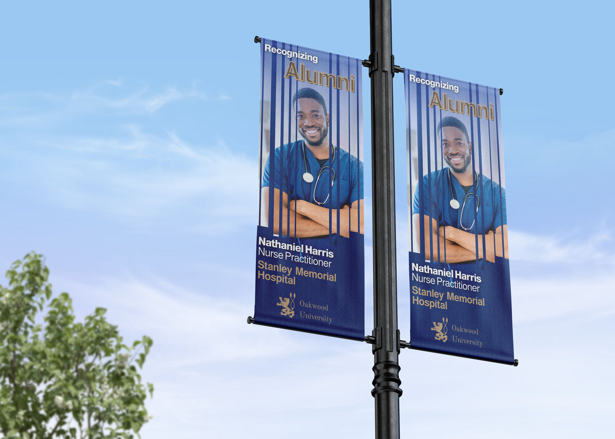 Two banners on a pole recognizing alumni with a blue sky and tree in the background