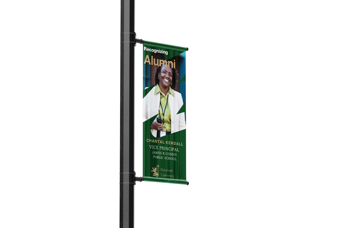 Green banner on a pole with an image of a woman and text 'Recognizing Alumni' on a white background