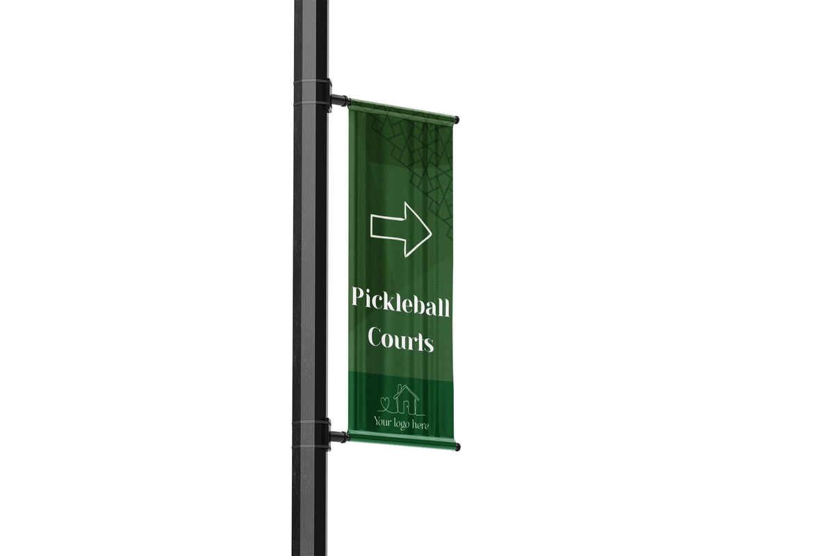 single Lamp Post banner wayfinding residential development showing the direction of the neighborhood amenities such as pickleball or tennis courts