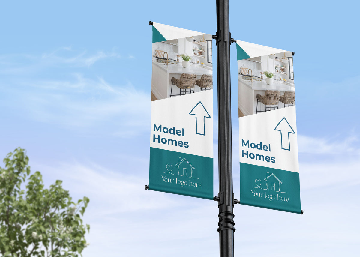 Double Lamp Post banner wayfinding residential development showing the direction of the neighborhood amenities or model and show homes