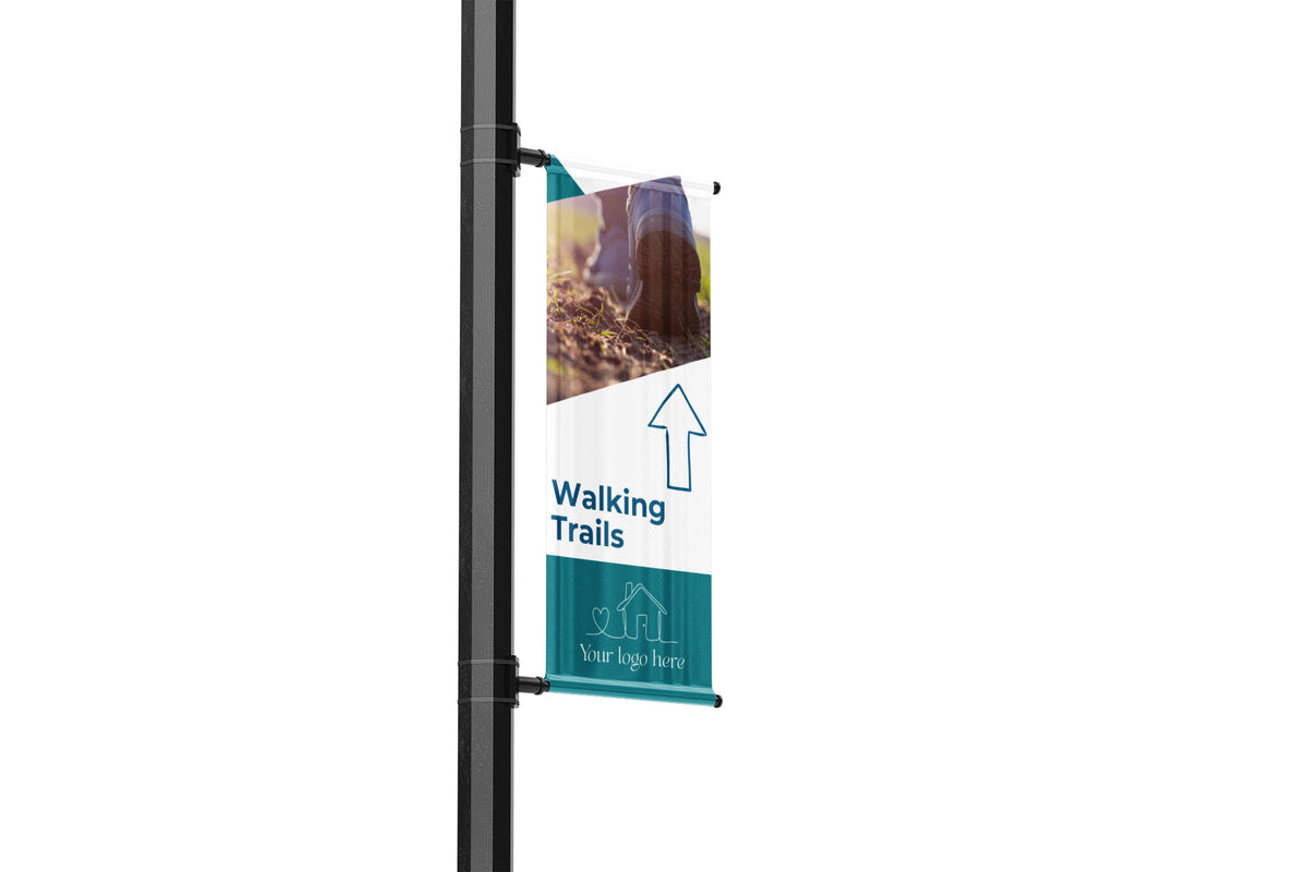 Single Lamp Post banner wayfinding residential development showing the direction of the neighborhood amenities such as walking trails