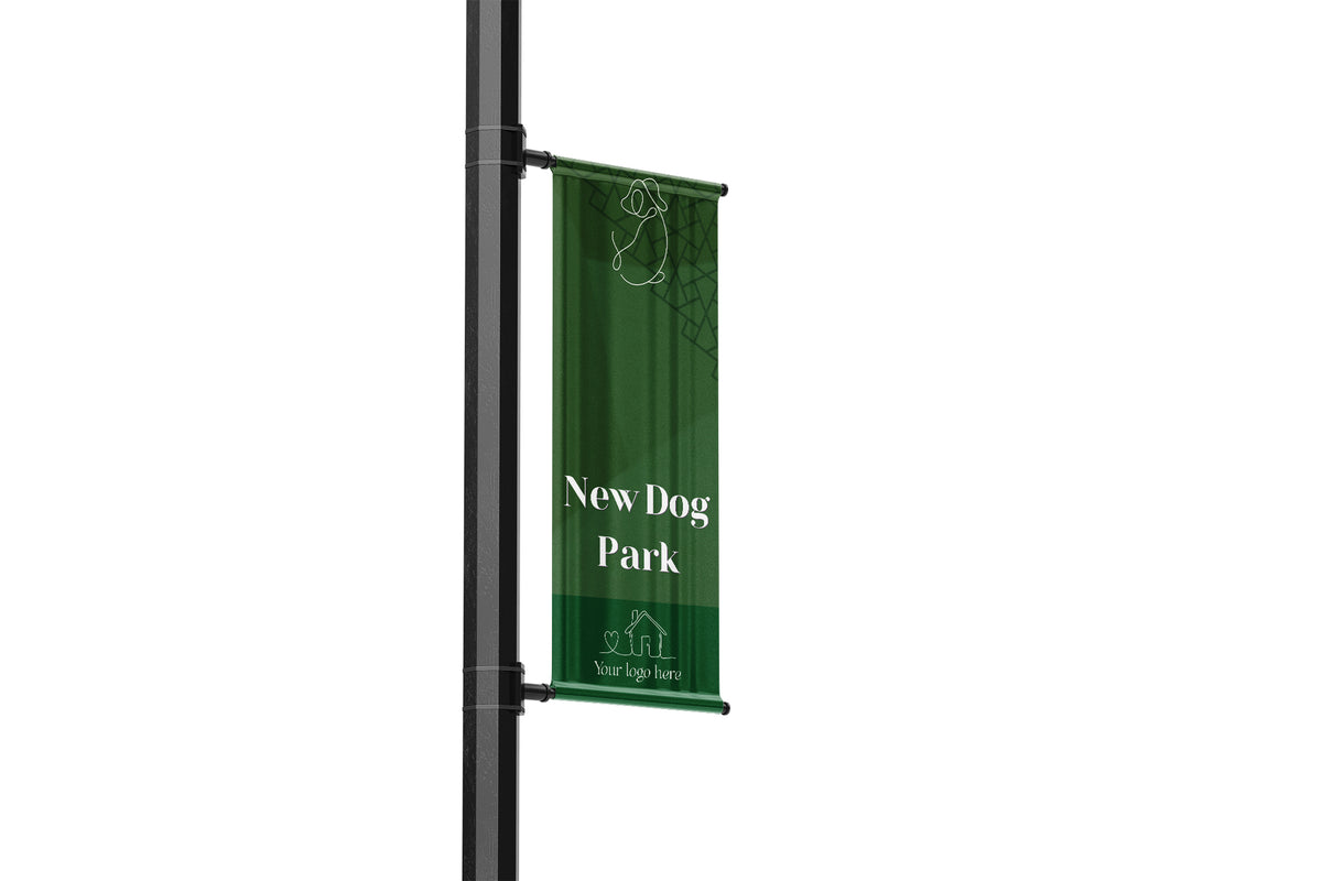 Solid color background with text overlay, neighborhood features single lamp post banner