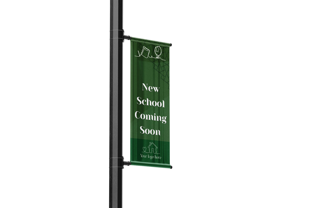 Solid color background with text overlay, neighborhood pending features single lamp post banner