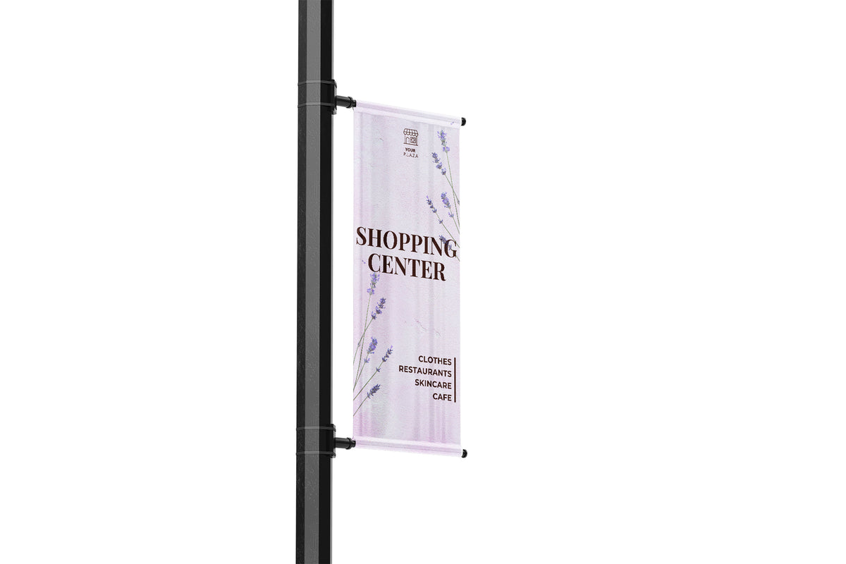 Shopping center banner on a pole against a white background - spring seasonal banner with lavender