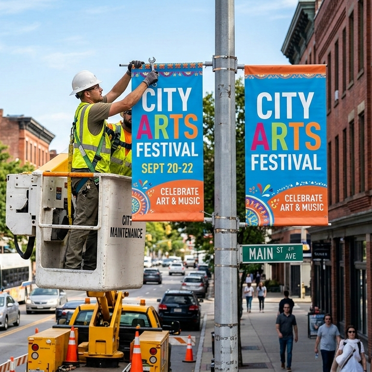 Worker installing 'City Arts Festival' banners on a street pole with a city street background.