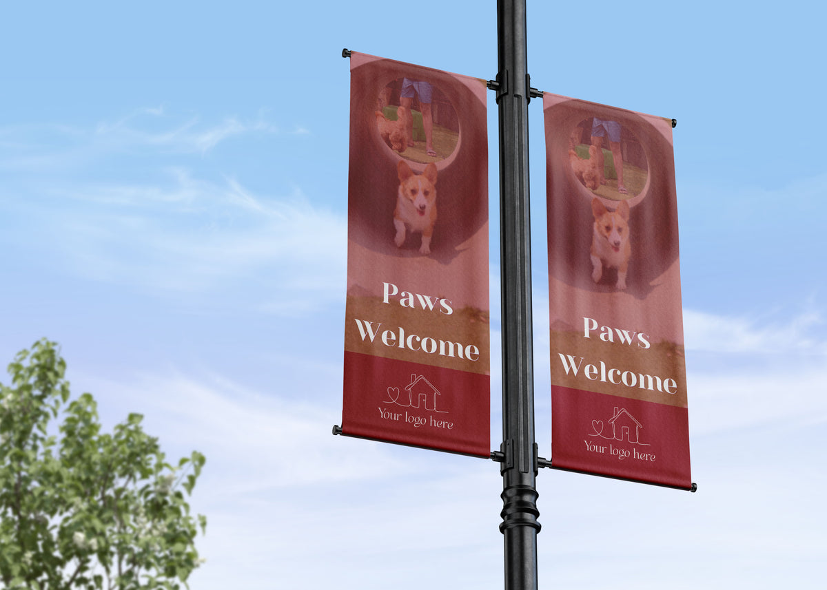 Translucent photo solid color double banner with text overlay, featuring neighborhood amenities dog park highlight 