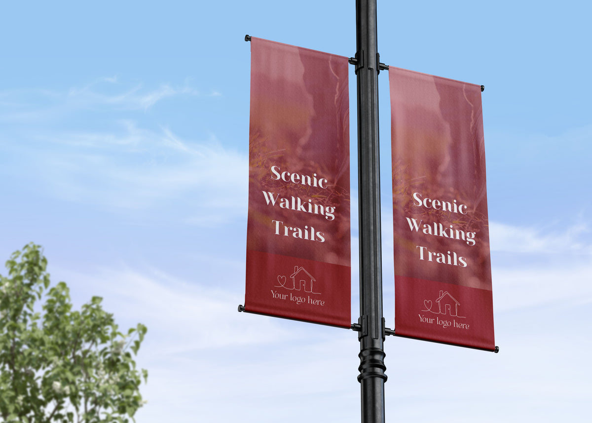 Translucent picture with text overlay, neighborhood amenities double lamp post banner