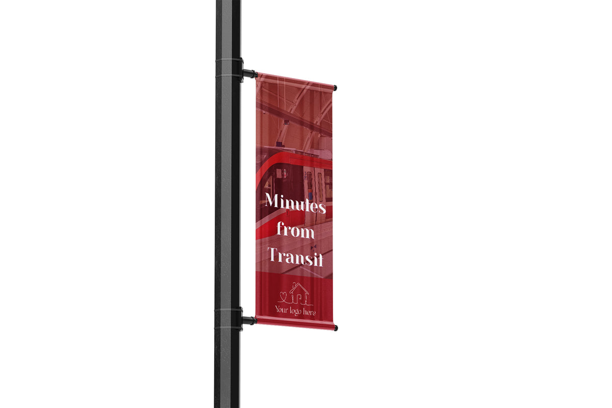 Translucent picture with text overlay, neighborhood features single lamp post banner