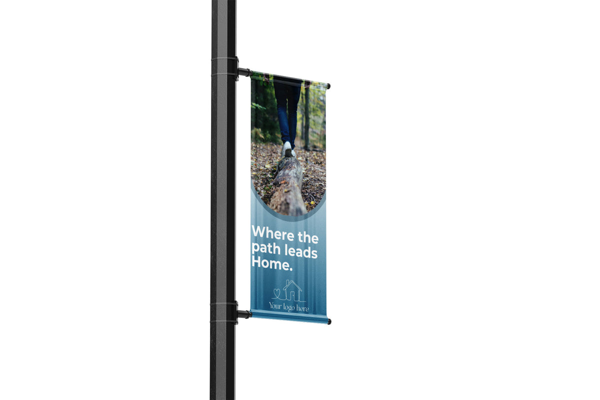gradient with text overlay and picture, neighborhood pending features and marketing single lamp post banner - featuring walking trail or nature area