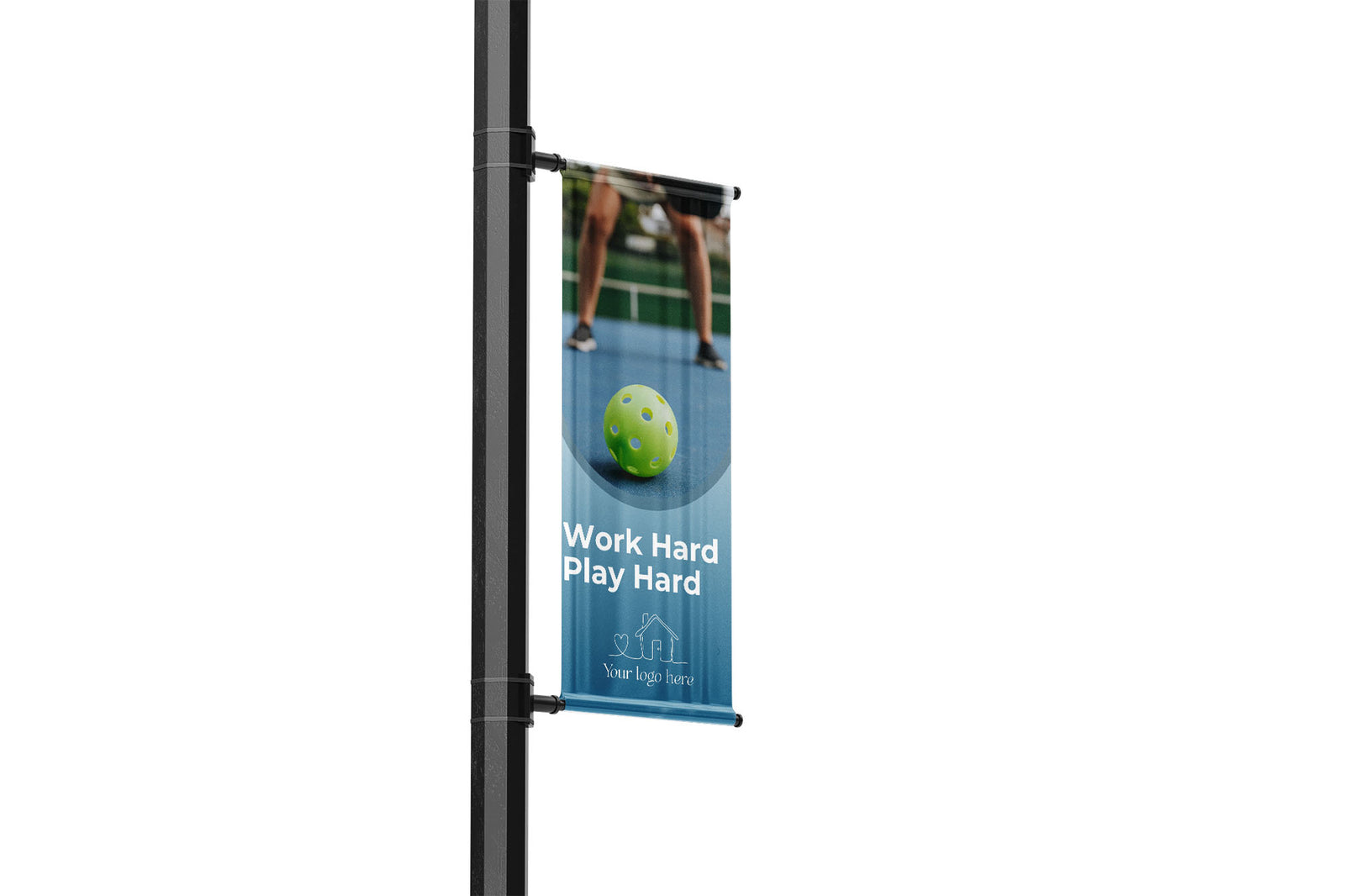 gradient with text overlay and picture, neighborhood pending features and marketing single lamp post banner - featuring pickleball court