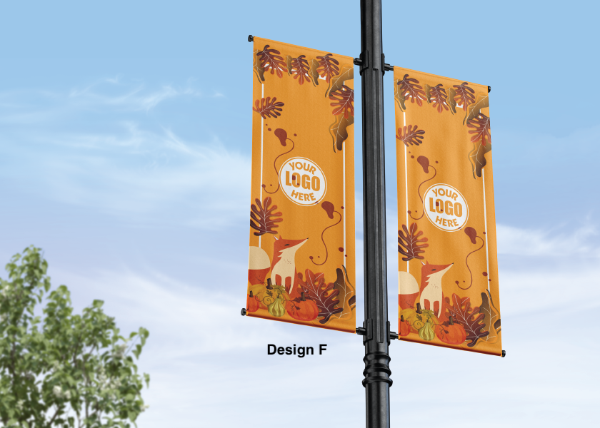 Fall and autumn street pole banner - seasonal - 18 oz blockout vinyl banner- high quality for cold and warm weather- welded pockets- double sided full color print