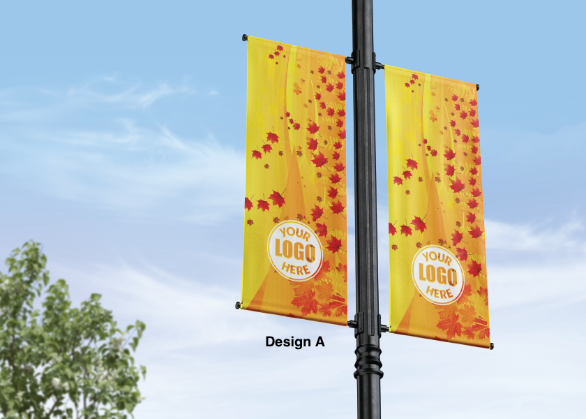 Fall and autumn street pole banner - seasonal - 18 oz blockout vinyl banner- high quality for cold and warm weather- welded pockets- double sided full color print