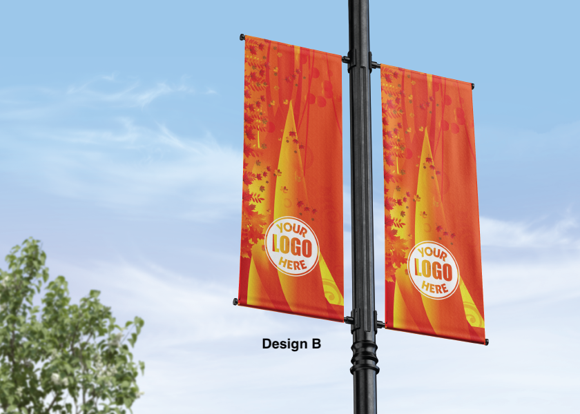 Fall and autumn street pole banner - seasonal - 18 oz blockout vinyl banner- high quality for cold and warm weather- welded pockets- double sided full color print