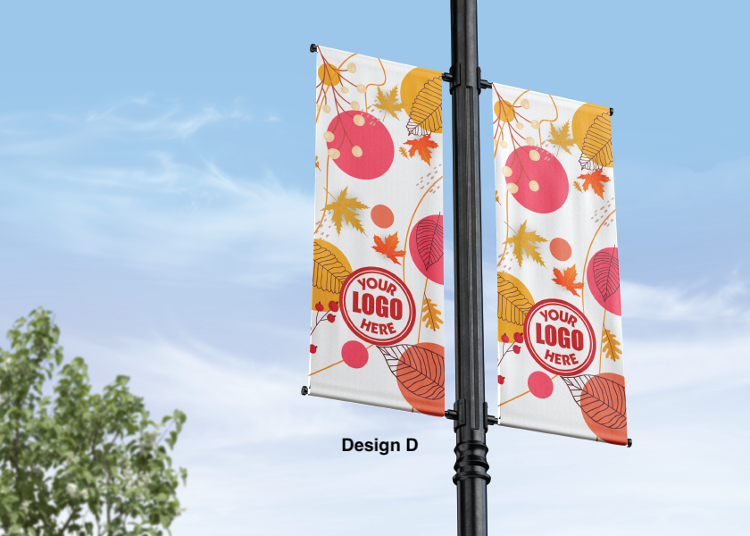 Fall and autumn street pole banner - seasonal - 18 oz blockout vinyl banner- high quality for cold and warm weather- welded pockets- double sided full color print