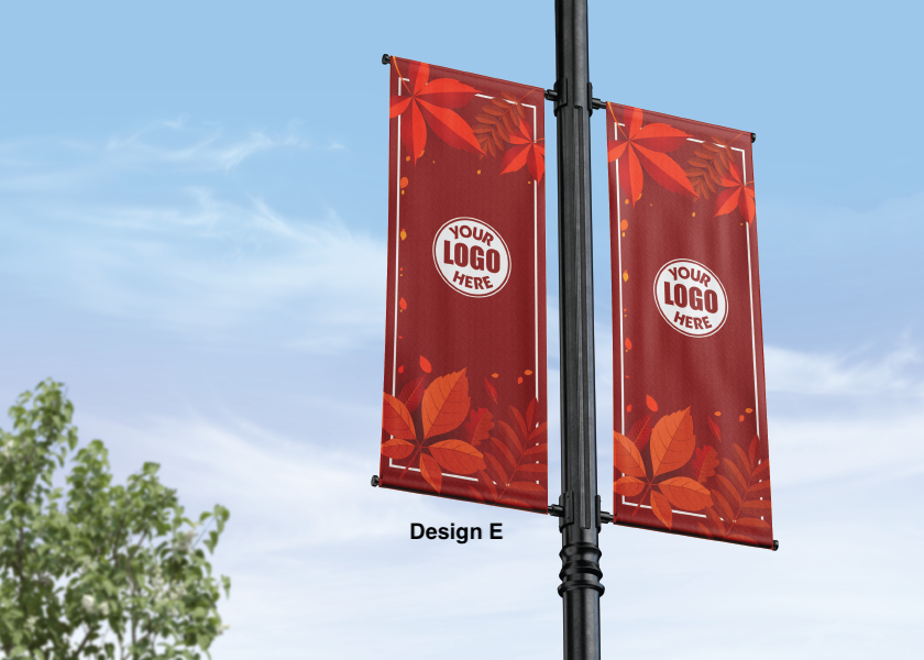 Fall and autumn street pole banner - seasonal - 18 oz blockout vinyl banner- high quality for cold and warm weather- welded pockets- double sided full color print