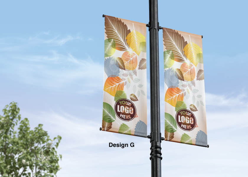 Fall and autumn street pole banner - seasonal - 18 oz blockout vinyl banner- high quality for cold and warm weather- welded pockets- double sided full color print