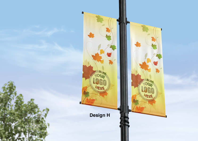 Fall and autumn street pole banner - seasonal - 18 oz blockout vinyl banner- high quality for cold and warm weather- welded pockets- double sided full color print