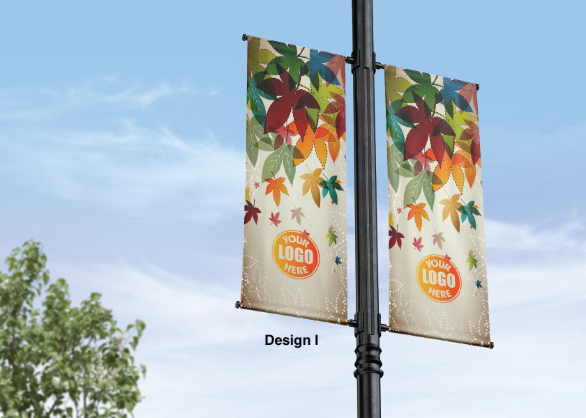 Fall and autumn street pole banner - seasonal - 18 oz blockout vinyl banner- high quality for cold and warm weather- welded pockets- double sided full color print