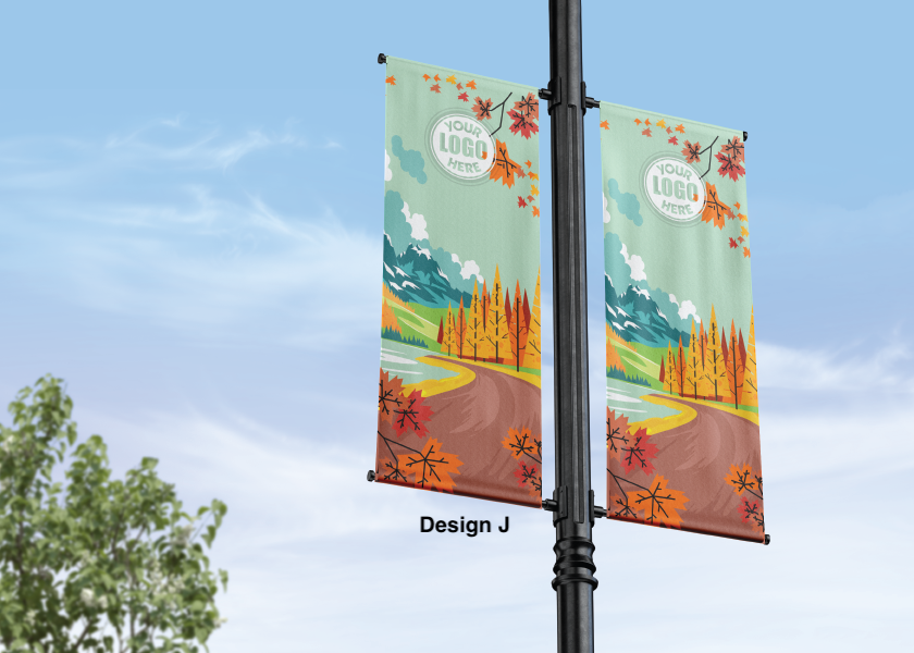 Fall and autumn street pole banner - seasonal - 18 oz blockout vinyl banner- high quality for cold and warm weather- welded pockets- double sided full color print