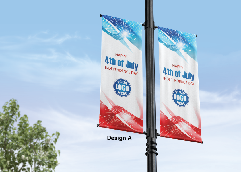 Patriotic Independence Day street pole banners- high quality- double sided full color print on 18 oz blockout vinyl with grommets and sleeves. All weather rated lamp post banners with modern USA and patriotic designs 