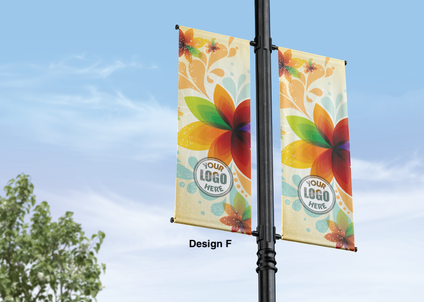 Modern design Spring themed street pole banners printed double sided on 18 oz blockout vinyl with pockets on top and bottom- full color print lamp post banner perfect for cities and towns. Fade resistant and suitable for all weather conditions