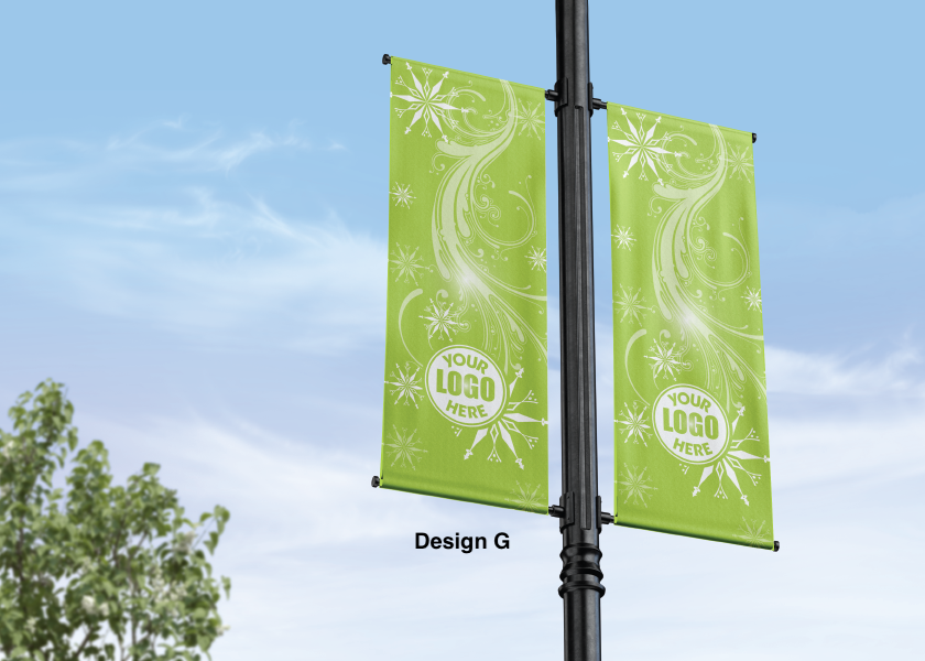 Modern design Spring themed street pole banners printed double sided on 18 oz blockout vinyl with pockets on top and bottom- full color print lamp post banner perfect for cities and towns. Fade resistant and suitable for all weather conditions