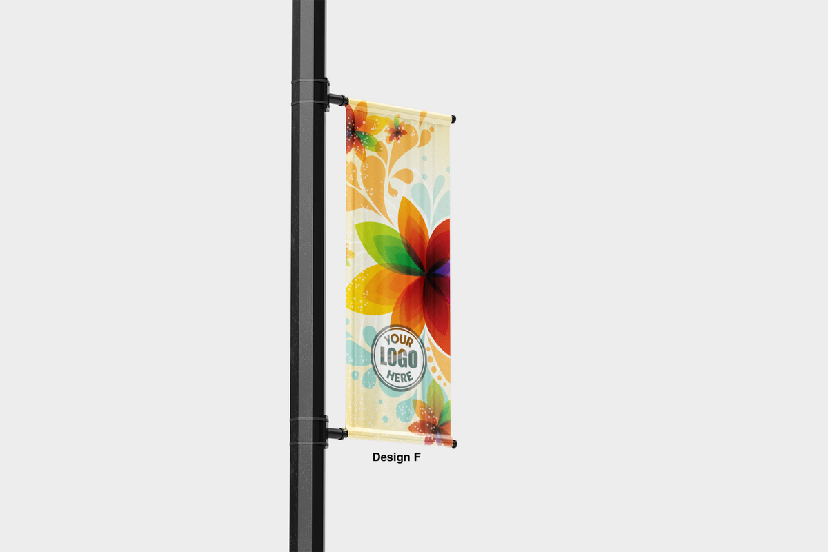 Modern design Spring themed street pole banners printed double sided on 18 oz blockout vinyl with pockets on top and bottom- full color print lamp post banner perfect for cities and towns. Fade resistant and suitable for all weather conditions