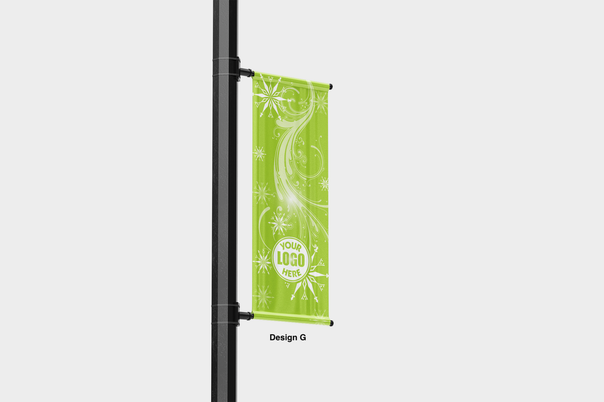 Modern design Spring themed street pole banners printed double sided on 18 oz blockout vinyl with pockets on top and bottom- full color print lamp post banner perfect for cities and towns. Fade resistant and suitable for all weather conditions