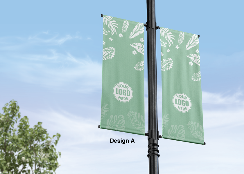 Modern design Spring themed street pole banners printed double sided on 18 oz blockout vinyl with pockets on top and bottom- full color print lamp post banner perfect for cities and towns. Fade resistant and suitable for all weather conditions