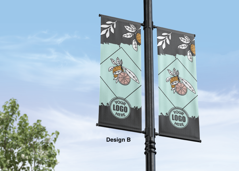 Modern design Spring themed street pole banners printed double sided on 18 oz blockout vinyl with pockets on top and bottom- full color print lamp post banner perfect for cities and towns. Fade resistant and suitable for all weather conditions