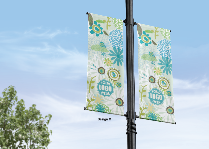 Modern design Spring themed street pole banners printed double sided on 18 oz blockout vinyl with pockets on top and bottom- full color print lamp post banner perfect for cities and towns. Fade resistant and suitable for all weather conditions