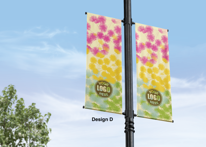 Modern design Spring themed street pole banners printed double sided on 18 oz blockout vinyl with pockets on top and bottom- full color print lamp post banner perfect for cities and towns. Fade resistant and suitable for all weather conditions