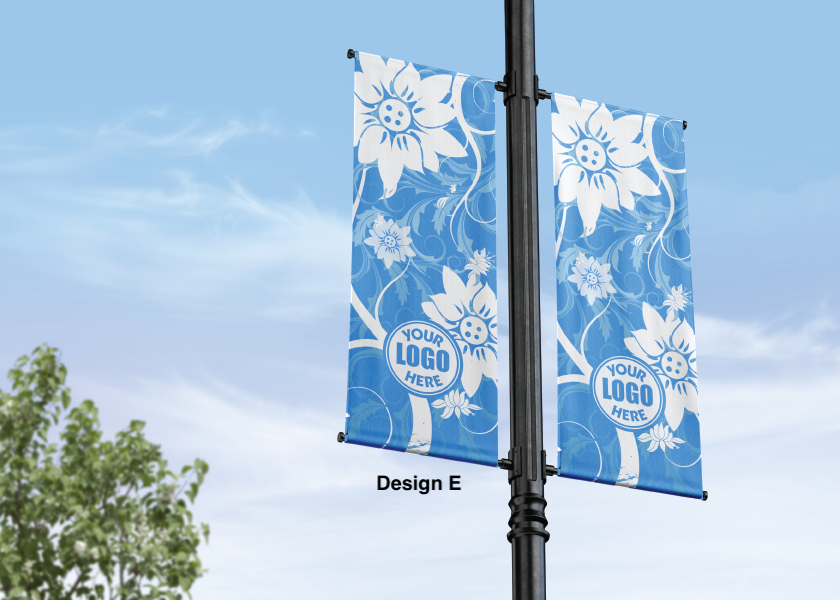 Modern design Spring themed street pole banners printed double sided on 18 oz blockout vinyl with pockets on top and bottom- full color print lamp post banner perfect for cities and towns. Fade resistant and suitable for all weather conditions