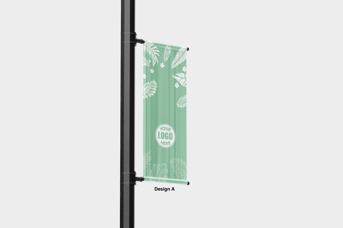 Modern design Spring themed street pole banners printed double sided on 18 oz blockout vinyl with pockets on top and bottom- full color print lamp post banner perfect for cities and towns. Fade resistant and suitable for all weather conditions