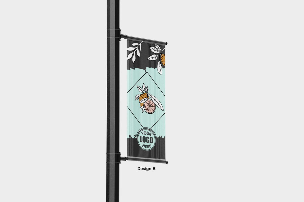 Modern design Spring themed street pole banners printed double sided on 18 oz blockout vinyl with pockets on top and bottom- full color print lamp post banner perfect for cities and towns. Fade resistant and suitable for all weather conditions