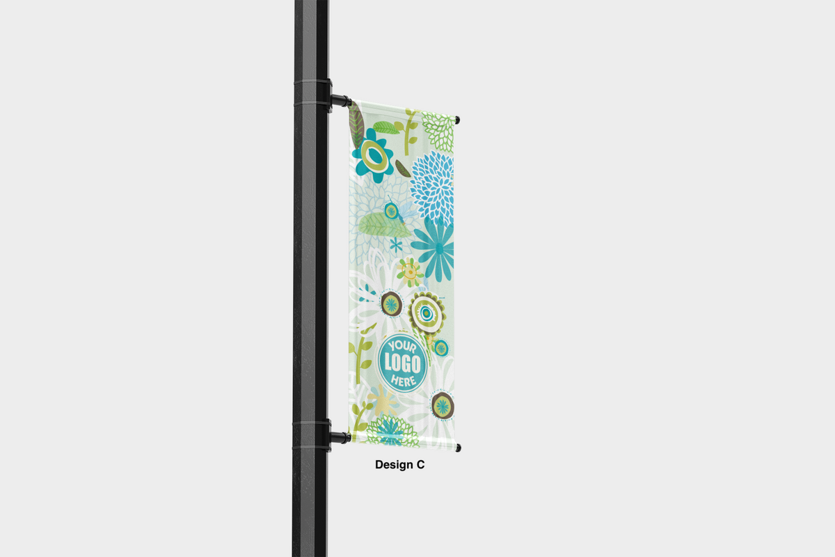 Modern design Spring themed street pole banners printed double sided on 18 oz blockout vinyl with pockets on top and bottom- full color print lamp post banner perfect for cities and towns. Fade resistant and suitable for all weather conditions