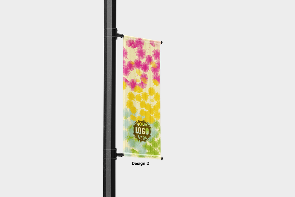 Modern design Spring themed street pole banners printed double sided on 18 oz blockout vinyl with pockets on top and bottom- full color print lamp post banner perfect for cities and towns. Fade resistant and suitable for all weather conditions