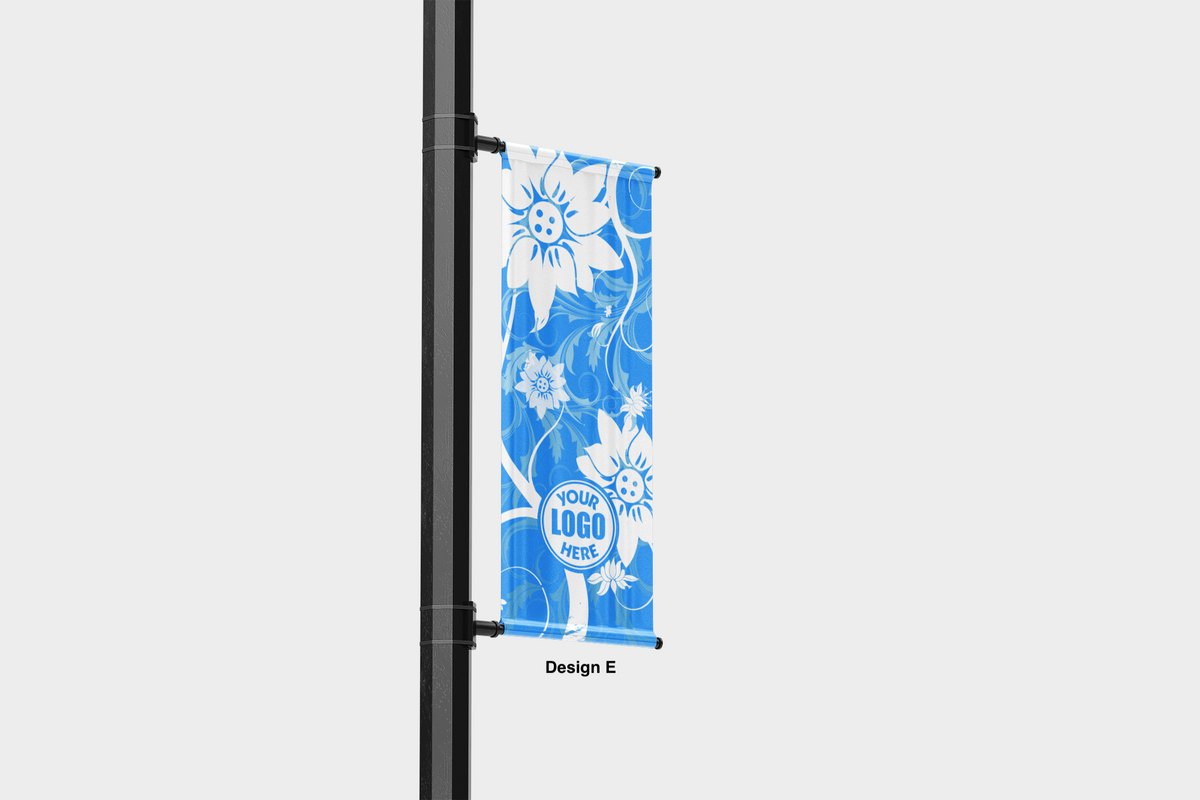 Modern design Spring themed street pole banners printed double sided on 18 oz blockout vinyl with pockets on top and bottom- full color print lamp post banner perfect for cities and towns. Fade resistant and suitable for all weather conditions